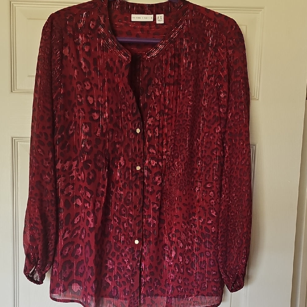 Susan Graver Burgundy Red Animal-Print Pleated Button-Down Blouse